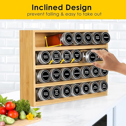 Bamboo Spice Rack Organizer With 28 Spice Jars, 780 Labels, 4 Tier Wood Hanging Shelf, Chalk Marker and Funnel Set for Drawer Cabinet Kitchen Countertop Wall Mount, Empty 4 oz Glass Jar & Shaker Lids