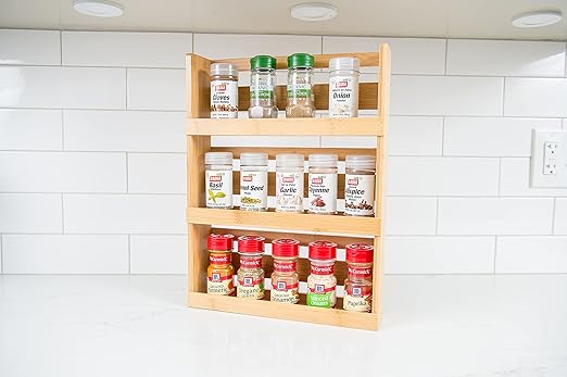 Lipper International Bamboo Wood 3-Tier Spice Rack 8840 - Space Saving 12" x 2.3" Vertical Storage for Spices or Craft Supplies - Attached Ring Hangers, Easy Hand Wash Maintenance