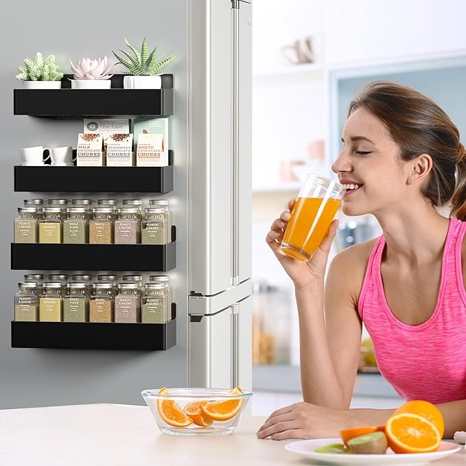 Magnetic Spice Rack for Refrigerator, Kitchen Organizer and Storage Shelf, Black (6 Pack)…