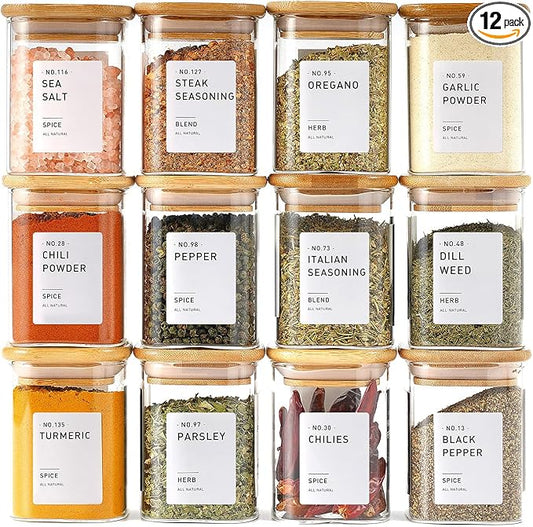 12Pcs Glass Spice Jars with Bamboo Airtight Lids, 6oz Spice Containers with 340 Preprinted Spice Labels of White and Black Color, Empty Seasoning Containers for Spice Salt Sugar Herb