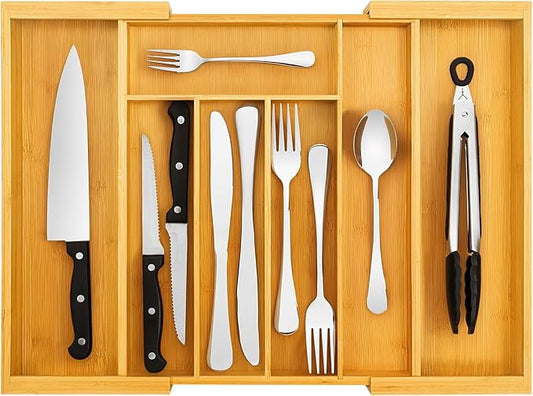 Silverware Drawer Organizer, Expandable Bamboo with Adjustable Utensil Cutlery Holder, Kitchen Flatware Organizer
