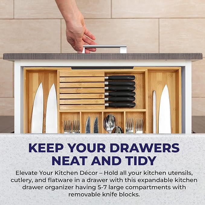 NEW Supplier: Bamboo Wood Drawer Organizer, Silverware Drawer Organizer, Kitchen Drawer Organizer with Drawer Dividers and removable knife block. – 12.75-22 x 17 x 2 In (Brown)