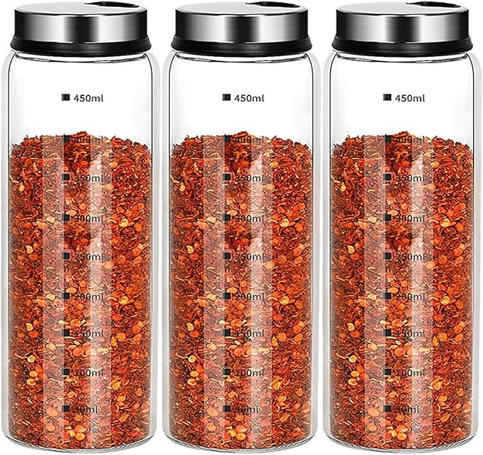 15 oz Salt and Pepper Shakers Set with Adjustable Outlet Holes Clear Glass Bottles Spice Seasoning Cans Jar for Kitchen Decor and Home Restaurant BBQ Camping Farmhouse(3 Pcs, 450 ML)