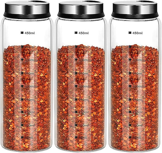 15 oz Salt and Pepper Shakers Set with Adjustable Outlet Holes Clear Glass Bottles Spice Seasoning Cans Jar for Kitchen Decor and Home Restaurant BBQ Camping Farmhouse(3 Pcs, 450 ML)