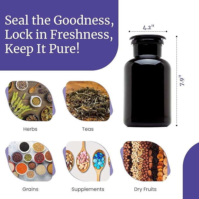 Infinity Jars 1L (34 Fl oz) Round jar Black Ultraviolet Glass Refillable Empty Apothecary Jar with Airtight Glass Lid for Tea, Spices, Dried Goods, Herb Storage | Airtight Smell Proof Jar