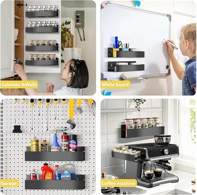 Magnetic Spice Rack Organizer for Fridge Seasoning Organizer for Kitchen storage with Screw or Adhesive Hanging,Magnetic Shelf with Hook for Refrigerator and Oven (Black-non-hollow, 4pack)