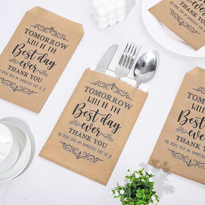 Whaline 100Pcs Silverware Bags 5 x 7 Inch Rustic The Best Day Ever Kraft Wax Cutlery Bags Utensil Holders Reusable for Wedding, Rehearsal Dinner, Engagement, Barbeque, Banquet Supply