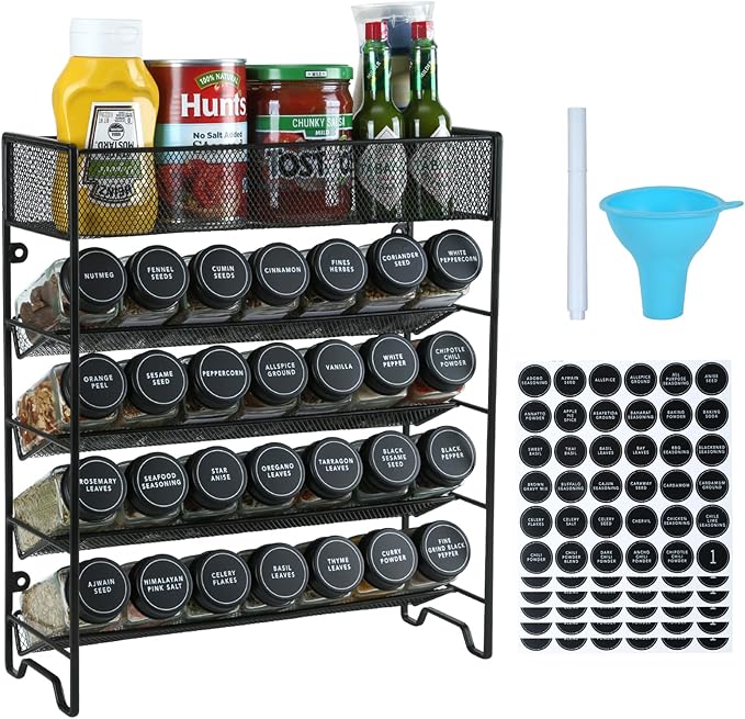 Spice Rack Organizer with 28 Spice Jars, Black Lids，Spice Labels, Chalk Marker and Funnel Set for Cabinet, Countertop, Pantry, Cupboard or Wall Mount