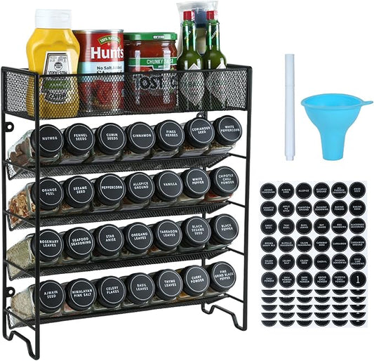 Spice Rack Organizer with 28 Spice Jars, Black Lids，Spice Labels, Chalk Marker and Funnel Set for Cabinet, Countertop, Pantry, Cupboard or Wall Mount