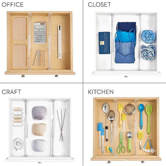 iDesign Plastic Adjustable Deep Drawer Divider, Kitchen, Dresser, Desk, Bathroom and More, The Linus Collection – Set of 2, Expandable 13.25” – 20.75”, Clear