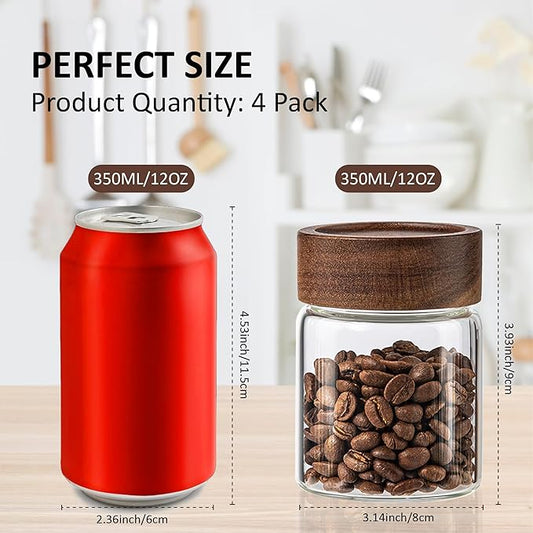 12 oz/350 ml Clear Glass Storage Canister with Airtight Wooden Lid, 4 Pack Small Overnight Oats Containers, Cute Decorative Salad Jar for Snacks Yogurt Spice Sugar Cereal Fruit Coffee Tea