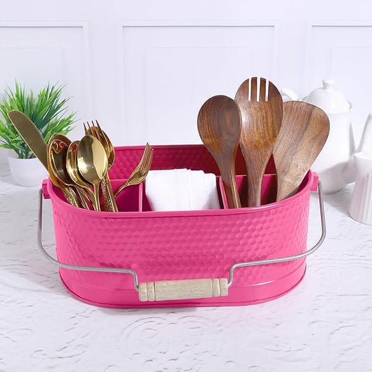 Alpha Living Home - Rustic Utensil Caddy – Metal & Wood Flatware Organizer with Handle – Silverware Holder for Kitchen Countertop, Picnic, BBQ, Parties – 4 Compartments – Bright Pink