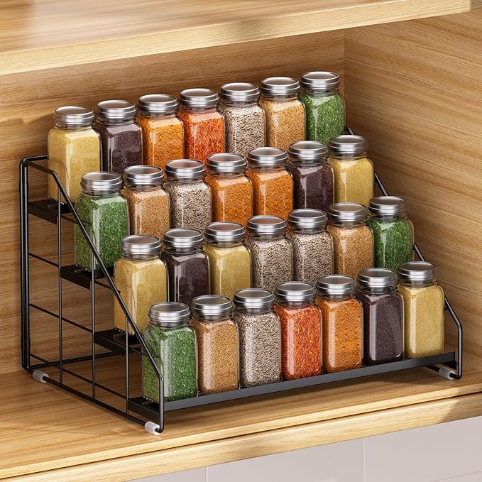 Spice Rack Organizer for Cabinet, 4 Tiered Spice Rack Organizer, Tiered Adjustable Spice Shelf for Kitchen Countertop Pantry Organization (Bright Black)