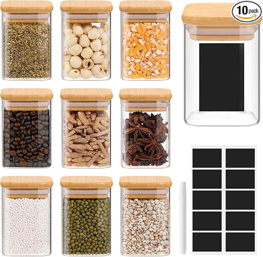 Glass Spice Jars with Bamboo Lids - 9 Oz Small Square Storage Jars with Airtight Lids Clear Pantry Food Storage Containers Glass Canister Set with Labels for Kitchen Coffee Sugar Flour(Set Of 10)