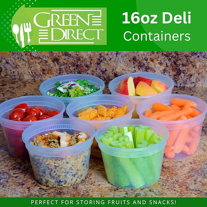 Green Direct 16 oz. Disposable Clear Plastic Containers with Lids 50 Pack, Lunch Leakproof Round Food Storage Containers, Freezer Safe for Food