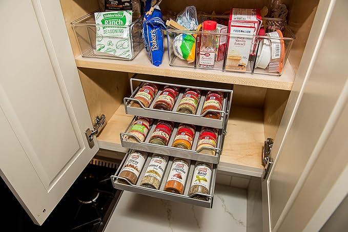Lipper International 8724 Three-Tier Tilt-Down Kitchen and Cooking Spice Drawer Rack with 96 Labels, Silver, 24 Bottle Capacity