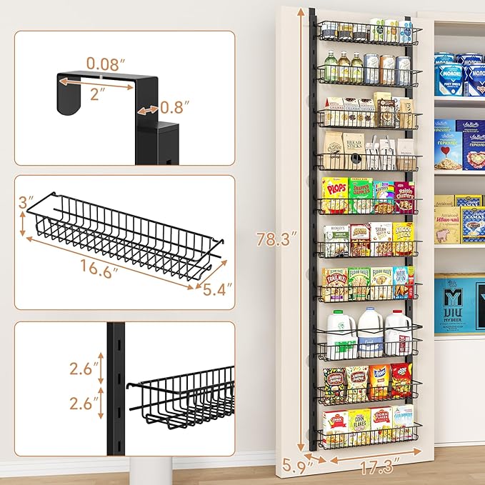 Over the Door Pantry Organizer, 10-Tier Adjustable Spice Rack Cabinet Door Shelves, Hanging Seasoning Organizer for Kitchen Bathroom, Laundry Room Organization, Black