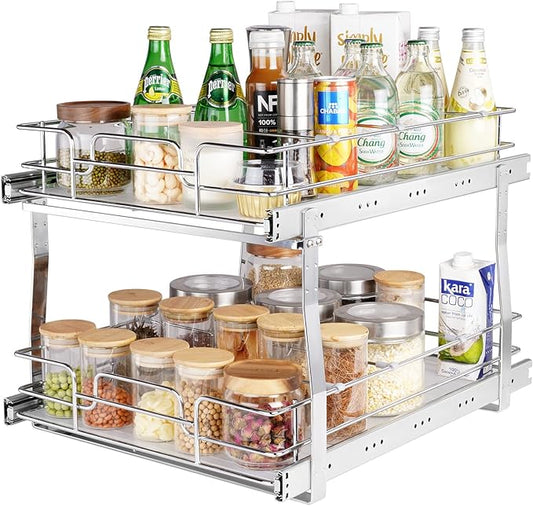 VEVOR 2 Tier 17"Wx21"Dx15"H Pull Out Cabinet Organizer, Heavy Duty Slide Out Pantry Shelves, Chrome-Plated Steel Roll Out Drawers, Sliding Drawer Storage, 18.5"Wx22"Dx18"H Install Size for Cabinet