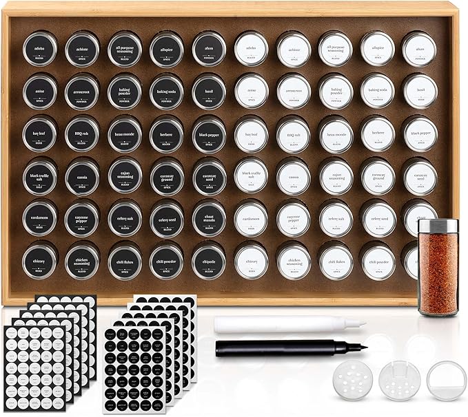 BOURBON & BARREL Wooden Spice Rack Organizer with Glass Jars | Stainless Steel Lids | Bamboo Countertop Spice Organization | 350 Waterproof Spice Labels | 2 Chalk Markers | 60 4oz Jars [Bamboo]