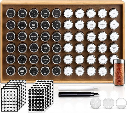 BOURBON & BARREL Wooden Spice Rack Organizer with Glass Jars | Stainless Steel Lids | Bamboo Countertop Spice Organization | 350 Waterproof Spice Labels | 2 Chalk Markers | 60 4oz Jars [Bamboo]