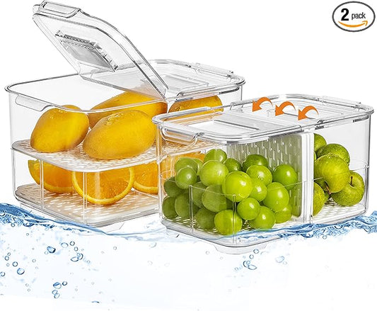 vacane Produce Saver with Folding Lids,2 Piece Fruit Vegetable Storage Container with Vents Stackable Fridge Drawers Organizer Salad Lettuce Keeper For Refrigerator,Bpa-free Fresh Keeper,5.7L&2.8L