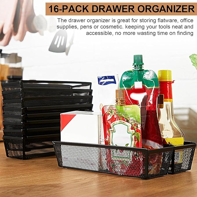 Chumia 10 Pack Silverware Drawer Organizer 9 x 3 x 2 Inch Mesh Utensil Organizer for Kitchen Drawers with Interlocking Arm for Flatware Knives Spoons Fork Cosmetic Utensil Tabletop Storage Tray