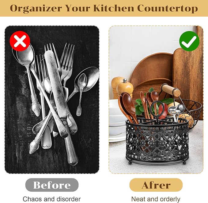 360° Rotating Utensil Caddy Countertop - Cutlery Silverware Caddy Holder with 4 Compartment - Higher Raised Flatware Organizer with Handle for Party Kitchen Counter Office Black