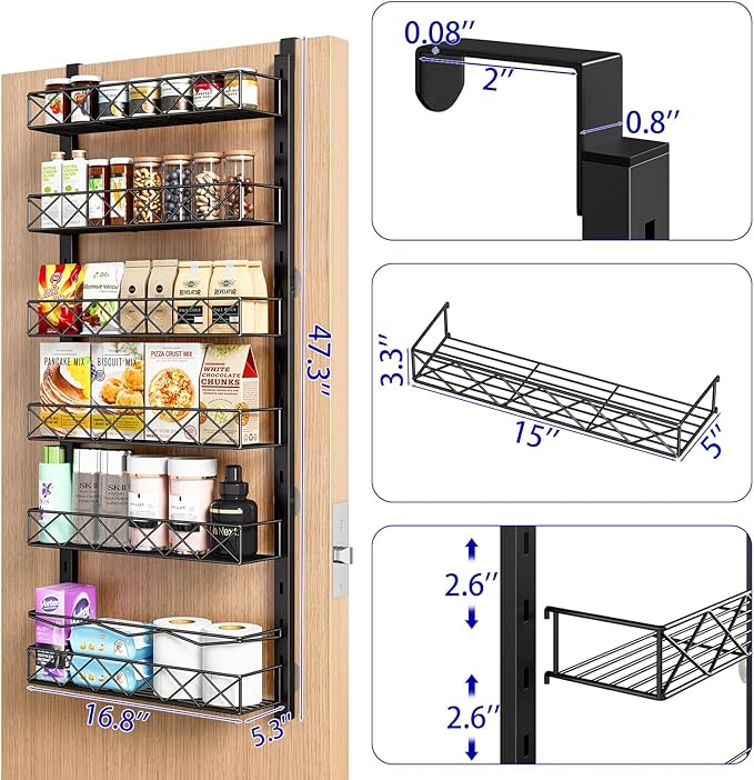 Over the Door Organizer, Black 6-Tier Pantry Door Organizer with Adjustable Basket, Hanging Spice Rack Cabinet Door Shelves, Laundry Room Organization and Storage