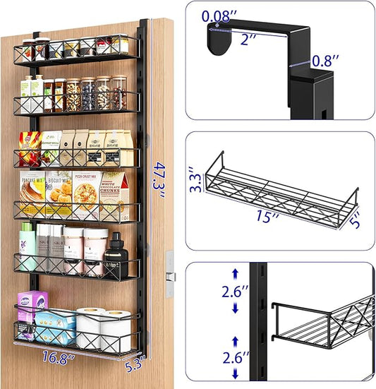Over the Door Organizer, Black 6-Tier Pantry Door Organizer with Adjustable Basket, Hanging Spice Rack Cabinet Door Shelves, Laundry Room Organization and Storage