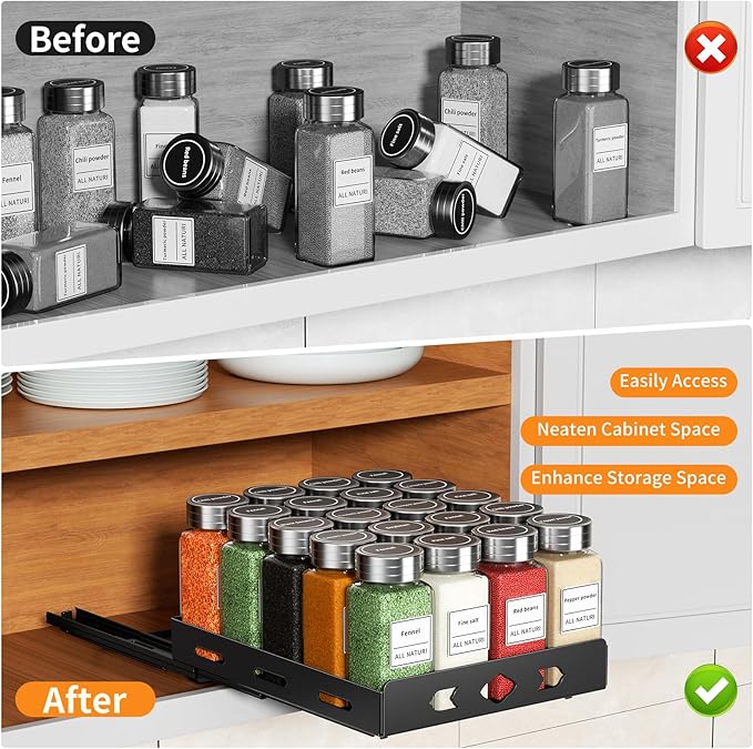 RCHYFEED Pull Out Spice Rack Organizer for Cabinet, Heavy Duty Slide Out Spice Rack for Inside Cabinets & Pantry, Kitchen Cabinet Seasoning Organizer Vertical Spice Racks,8.4" Wx10.5 Dx2.8 H,Black