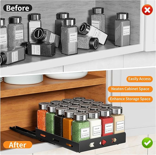 RCHYFEED Pull Out Spice Rack Organizer for Cabinet, Heavy Duty Slide Out Spice Rack for Inside Cabinets & Pantry, Kitchen Cabinet Seasoning Organizer Vertical Spice Racks,8.4" Wx10.5 Dx2.8 H,Black