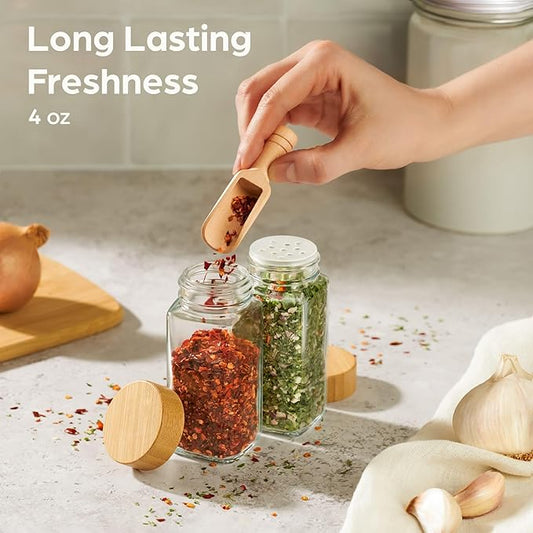 12Pcs Glass Spice Jars with Label - Square Spice Containers 4 oz - Includes Cleaning Brush & Wooden Spoon - Seasoning Jars
