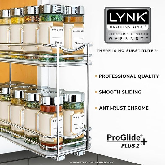 LYNK PROFESSIONAL® Pull Out Spice Rack Organizer for Inside Kitchen Cabinets - 4-1/4 inch Wide - Slide Out Drawer – Chrome Sliding Spice Cabinet Organization Shelf Racks - 2 Tier
