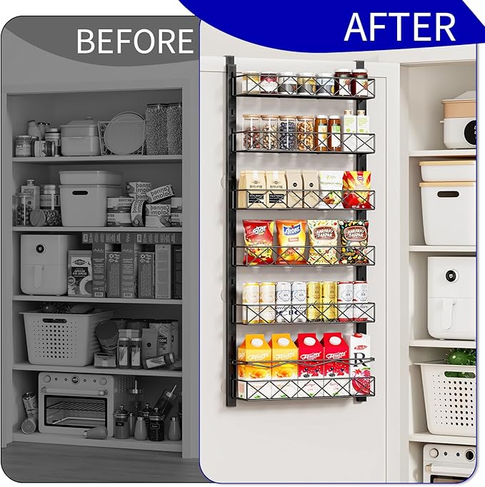Over the Door Organizer, Black 6-Tier Pantry Door Organizer with Adjustable Basket, Hanging Spice Rack Cabinet Door Shelves, Laundry Room Organization and Storage