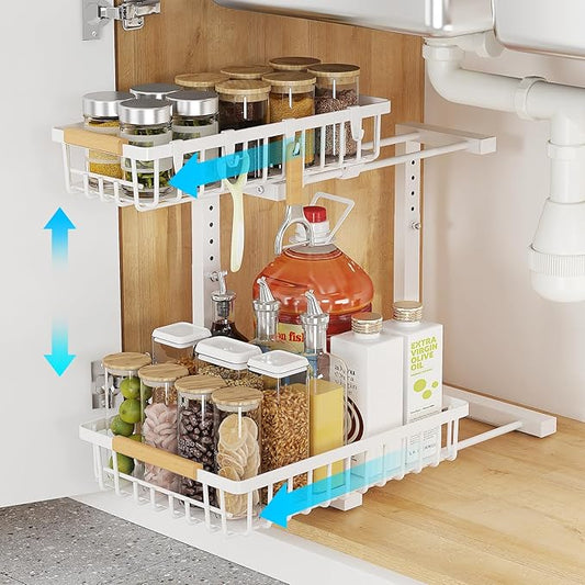 Under Sink Organizer, 2 Tier Slide Out Under Sink Organizers and Storage, Height Adjustable Pull out under cabinet storage, Metal Bathroom Kitchen Sink Organizer