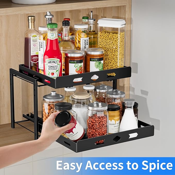 spice organization for cabinet, 2-Tier Cabinet Spice Rack Organizer, Height Adjustable Vertical Spice Rack for Kitchen Cabinet (14.1''Wx10.8''Dx9.2''H, Metal Black)