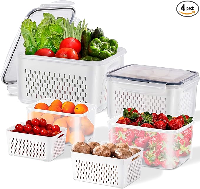 4 Pack Fresh Food Storage Containers, Large Capacity Produce Saver Box with Drain Baskets & Lid, Fridge Organizer, Airtight Fruit Organizer for Refrigerator, Stackable Plastic Fruit Veggie Saver