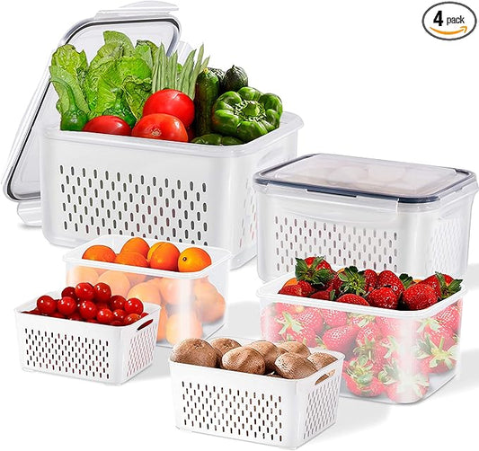 4 Pack Fresh Food Storage Containers, Large Capacity Produce Saver Box with Drain Baskets & Lid, Fridge Organizer, Airtight Fruit Organizer for Refrigerator, Stackable Plastic Fruit Veggie Saver