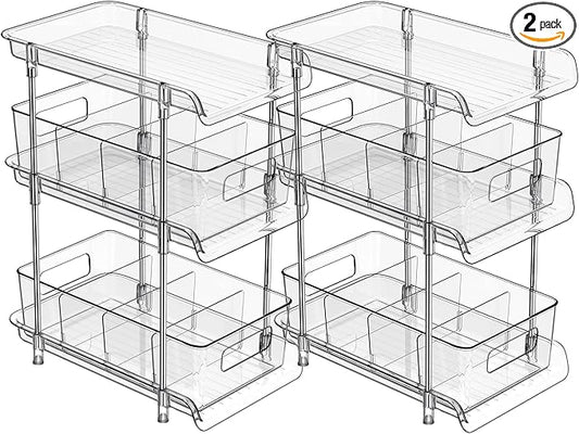 2Set 3 Tier Clear Bathroom Organizer with Dividers, Pull-Out Pantry Organization and Storage, Multi-Purpose Under Sink Organizers and Storage, Vanity Skincare Cosmetic Closet Organizer Medicine Bins