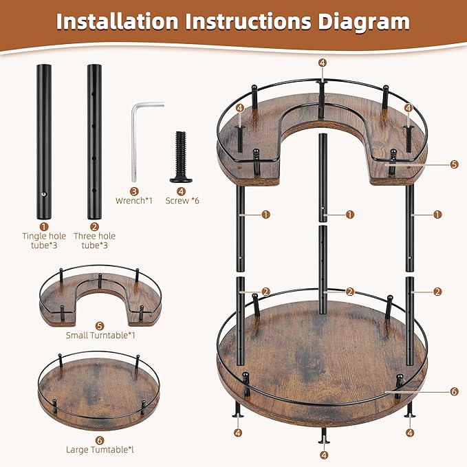Adjustable 2-Tier Lazy Susan Spice Rack Organizer - Wooden Rotating Turntable for Kitchen Cabinet, Countertop, Pantry Storage, 360° Spice Carousel with Non-Slip Base, Easy Clean Home Decor