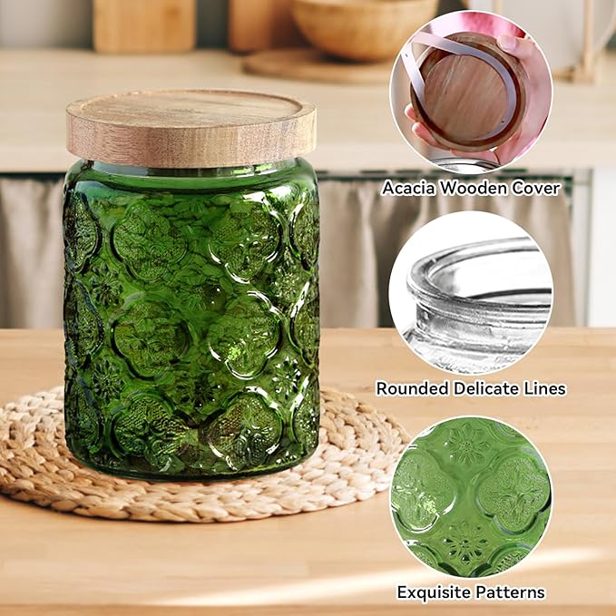 Vintage Glass Jar with Lid,Cookie Candy Jar Coffee Canister Food Storage Containers Storage Jar Set for Kitchen Office (Green birchapple flowers - acacia)