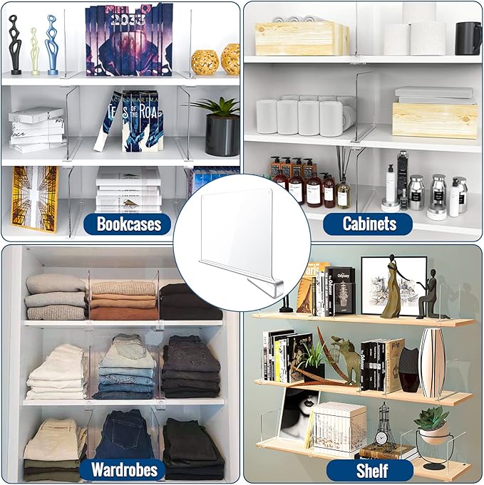 12 Pack Clear Acrylic Shelf Dividers for Closet Shelf Organizer of Bedroom Kitchen Office Bathroom Organizer for Clothes Books Hats and Handbags