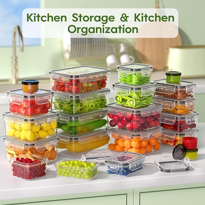 44-Piece Food Storage Containers with Lids(22 Containers & 22 Lids), Plastic Food Containers for Pantry & Kitchen Storage and Organization, BPA-Free, Leak Proof, Reusable with Labels & Pen