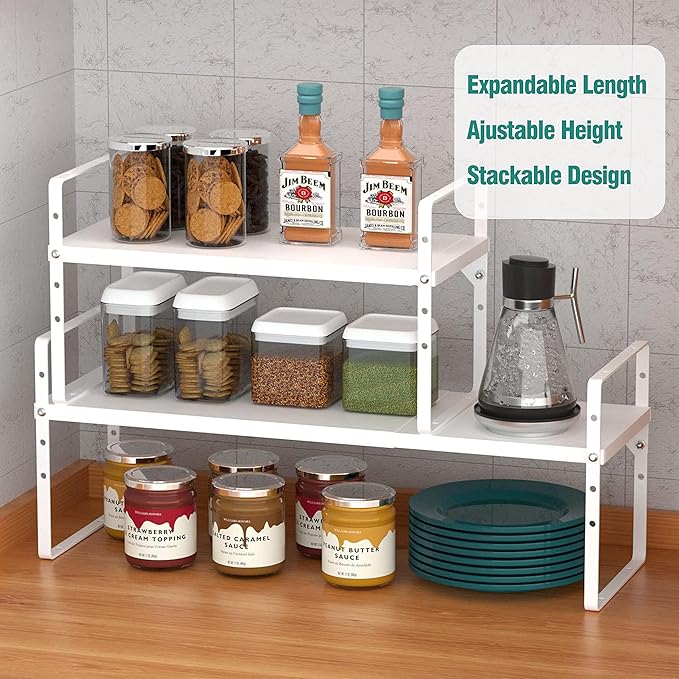 Expandable Cabinet Shelf Organizer Rack, Stackable Kitchen Counter Storage Shelves Stand, Adjustable Height Pantry Shelf Spice Rack, Heavy Duty Nonslip White Large 2Pack