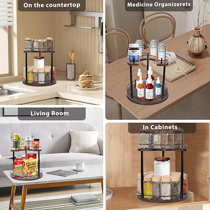 2-Tier Lazy Susan Spice Rack Organizer, Height Adjustable Rotating Turntable for Cabinet, Kitchen Countertop & Pantry, 12 Inch Wooden Spice Storage Rack, Compact & Versatile Design, Rustic Brown