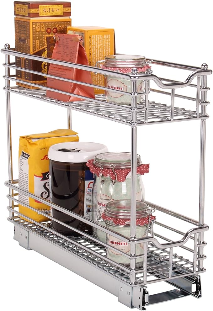Household Essentials Narrow Sliding Cabinet Organizer, Two Tier Chrome Organizer, Chrome, Great for Slim Cabinets in Kitchen, Bathroom and More