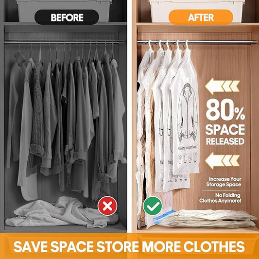 13Pcs Vacuum Storage Bags for Clothes, 10 Vacuum Seal Bags (1Jumbo,3Large,3Medium,3Small) 3 Hanging Clothes Storage Bags Vacuum Sealed(Large, Medium, Small), 80% Space Saver Bags for Home Essentials
