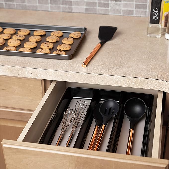 Kitchen Utensils Organizer Utensil Tray Holder Large Non-Slip Cutlery Drawer Organizer 3 Compartment Multi-Purpose Home Organization (Black)
