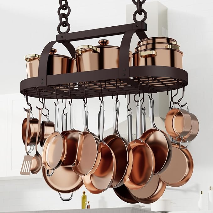 KES 34 Inch Oiled Bronze Hanging Pot Rack, Heavy Duty Oval Pot and Pan Hanging Rack Ceiling Mount, Pot Pan Hangers for Kitchen with 20 Hooks, (For 16" and 24" Stud Mount), KUR221S85-OB