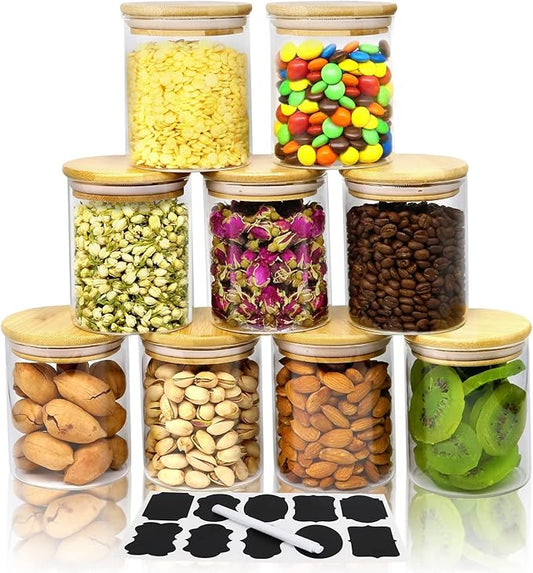 15oz Glass Jars with Airtight Bamboo Lids, Small Food Storage Containers, for Kitchen Pantry Organization Tea Coffee Candy Cookies Nuts（9 Pack）